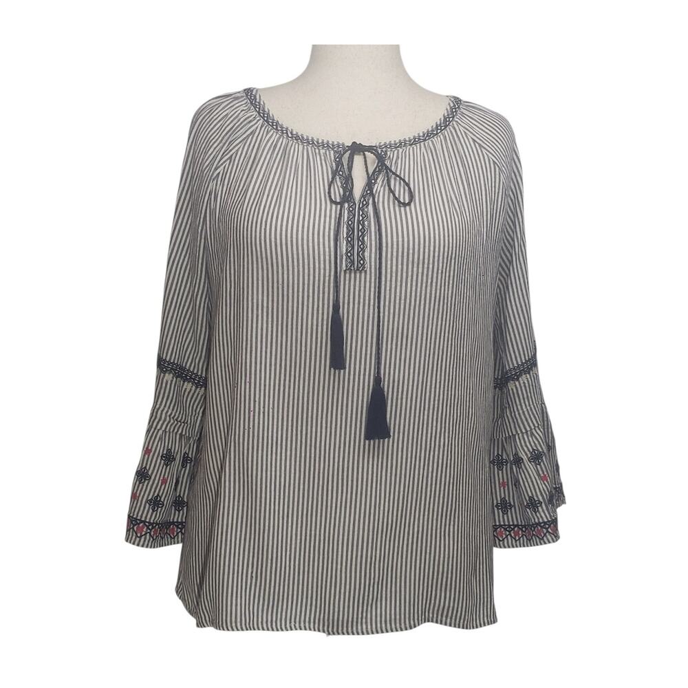 Cotton Bleu Embroidered Tassel Tunic Top L Navy Blue Stripe Coastal Boho Chic